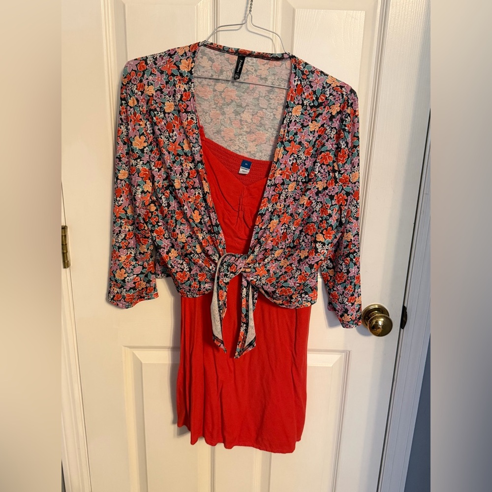 Old Navy Red Dress with Floral Cardigan